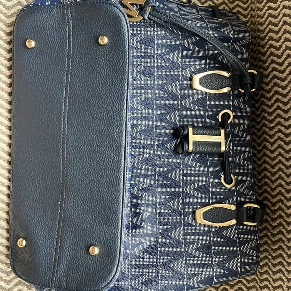 Milan Purse Shoulder Bucket Bag Navy Blue Canvas W/ Monogram White Double Handle - Picture 8 of 8